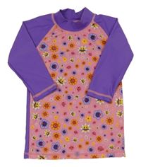 Růžovo-tmavofialové UV triko s kytičkami/smajlíky emoji