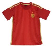 Červeno-tmavočerveno-zlatý pruhovaný sportovní fotbalový dres se znakem