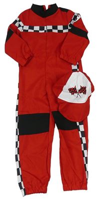Kostým - 2set- Červený overal s kostkami + kšiltovka - Závodník 