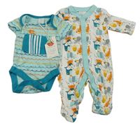 2set - Bílý overla s mořskými živočichy + tyrkysové vzorované body s velrybou Miniclub