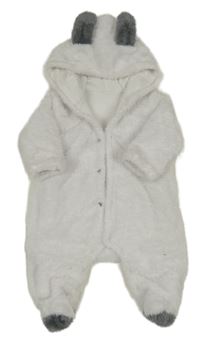 Bílá chlupatá podšitá kombinéza s kapucí s oušky