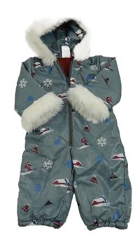 Modrošedá šusťáková zimní kombinéza s lyžařským motivem a kapucí