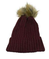 Vínová žebrovaná pletená čepice s bambulí Primark