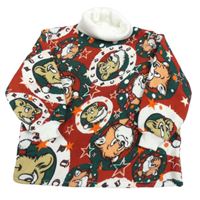 Červeno-zeleno-bílá vzorovaná mikina se zvířaty a rolákem