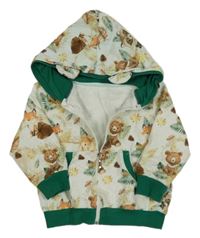 Mátová propínací mikina s lesními zvířaty a kapucí