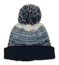 Petrolejovo-tmavomodro-bílá pletená čepice s bambulí