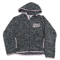 Černo-šedá melírovaná fleecová propínací mikina s nápisem a kapucí C&A