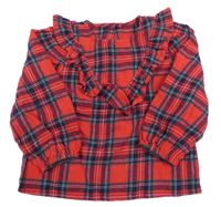 Červeno-černo-zelená kostkovaná flanelová halenka s volánem George