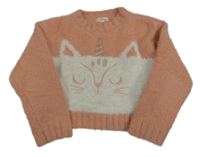 Starorůžovo-bílý chlupatý crop svetr s kočkou