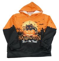 Oranžovo-černá mikina s dýní s kočkou a kapucí