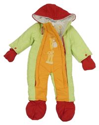 Nové - Zelankavo-oranžovo-červená šusťáková zimní kombinéza s žirafami a kapucí + capáčky + rukavice