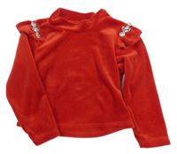 Červená plyšová mikina s volánky a kamínky
