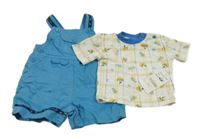 Nové - 2set - Modré plátěné laclové kraťasy s kapsou + bílo-béžovo-modré kostkované tričko s loďkami