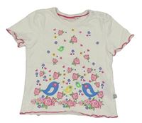 Bílé tričko s květinami a ptáčky Liegelind