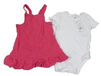 Nové - 2set - Fuchsiové laclové šaty s výšivkami + bílé body F&F