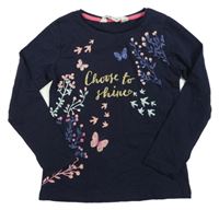 Tmavomodré triko s květinami a motýly H&M