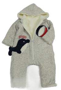 Šedá melírovaná sametová zateplená kombinéza s tuleněm a kapucí 