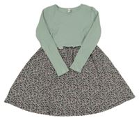 Zelené žebrované šaty s tmavošedou květovanou sukní Yigga