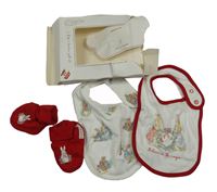 Nové - 3 set - 2x bílo-červený bryndák + červené bavlněné capáčky s králíkem 