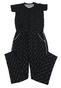 Černý vzorovaný kalhotový overal s kapsami 