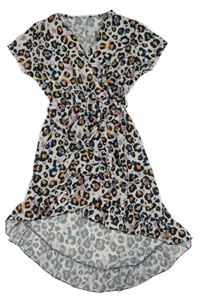 Smetanovo-černo-fialové lehké leopardí šaty s páskem 