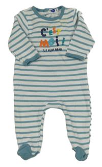 Bílo-modrý pruhovaný zateplený overal s nápisem 