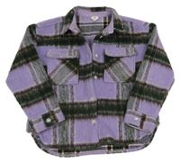 Lila-zeleno-hnědá kostkovaná chlupatá košilová bunda s kamínky River Island