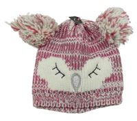 Nové - Bílo-růžovo-šedá melírovaná čepice s čumákem a bambulemi - sova 