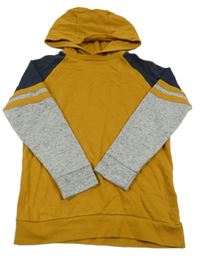 Hořčicovo-šedo-tmavomodrá mikina s kapucí Next