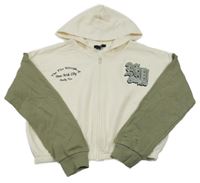 Smetanovo-khaki crop propínací mikina s nápisy a kapucí New Look