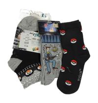 Nové - 3set - 3x ponožky - Šedo-černé zateplené s tučňáky + černé s pokébally + šedé s kytaristou 