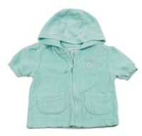 Tyrkysová sametová propínací vesta s květem a kapucí Early Days