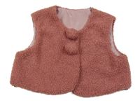 Růžová huňatá podšitá vesta s 3D bambulemi 