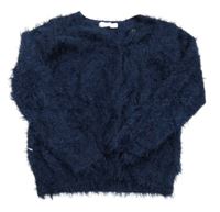 Tmavomodrý chlupatý propínací svetr 