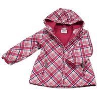 Růžovo-bílo-tmavomodrá kostkovaná softshellová bunda s kapucí Topomini