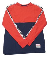 Červeno-tmavomodré triko s nápisy H&M
