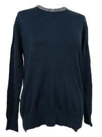 Dámský tmavomodrý svetr se štrasovým límečkem Primark 