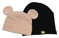 2set růžová čepice s oušky + černá s korunkou