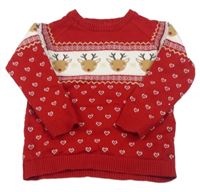 Červeno-bílý svetr se soby a srdíčky Primark