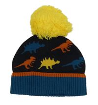 Tmavomodrá čepice s dinosaury a bambulí 