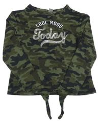 Khaki army úpletové crop triko s nápisem Y.F.K.