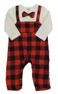 Bílo-červeno-černý kostkovaný overal s motýlem 