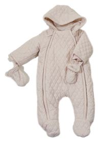 Světlerůžová šusťáková prošívaná zimní kombinéza s kapucí + rukavice Mamas&Papas