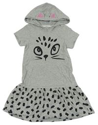 Šedé bavlněné šaty s kočkou, vzorovanou sukní a kapucí H&M