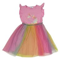Růžovo-pruhované bavlněno/tylové šaty s jednorožcem Primark