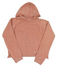 Růžový žinylkový crop svetr s kapucí Inextenso