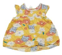 Okrové lehké šaty s medvídky a květy 