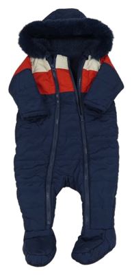 Tmavomodro-červeno-bílá prošívaná šusťáková zimní kombinéza s kapucí s kožešinou St. Bernard