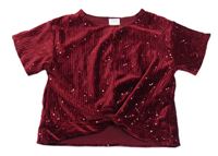 Nové - vínové žebrované sametové crop tričko s překřížením ZARA