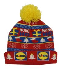 Červeno-modrá vánoční čepice s obrázky a logy